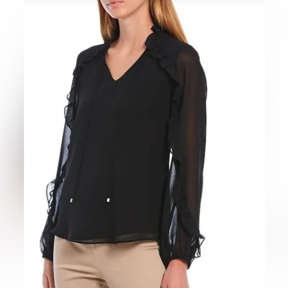 New Calvin Klein Womens Sheer Tie Neck Blouse, Black size small - Picture 1 of 13